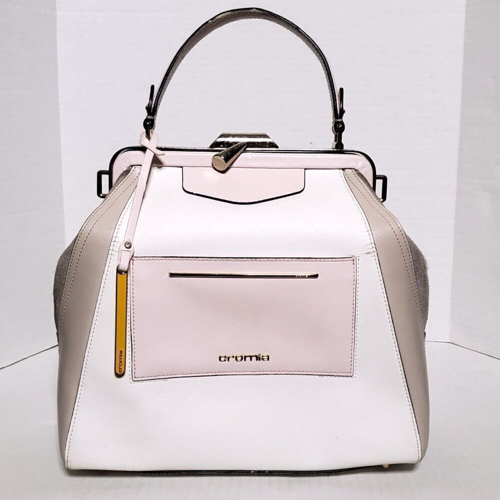 Cromia White Pink Coated Colorblock  Suede Textured Leather Satchel Womens